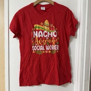 Port & Company Nacho Average Social Worker Shirt Red Graphic Tee Women Medium M‎